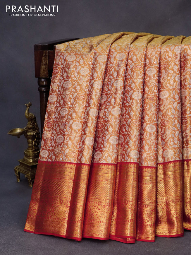 Kanchipuram tissue silk saree dual shade of gold and red with allover silver zari woven brocade weaves and zari woven border