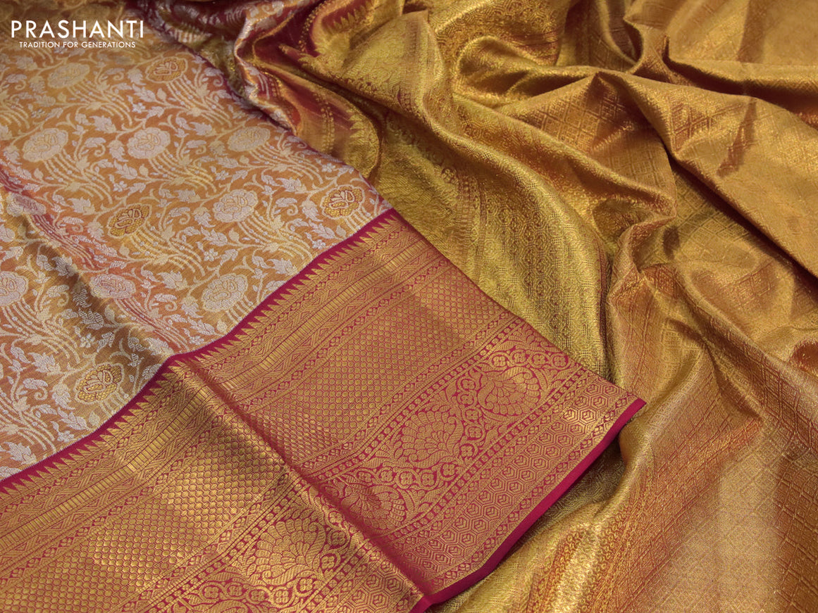 Kanchipuram tissue silk saree dual shade of gold and red with allover silver zari woven brocade weaves and zari woven border