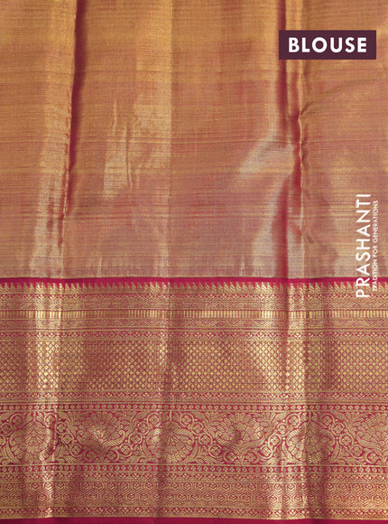 Kanchipuram tissue silk saree dual shade of gold and red with allover silver zari woven brocade weaves and zari woven border