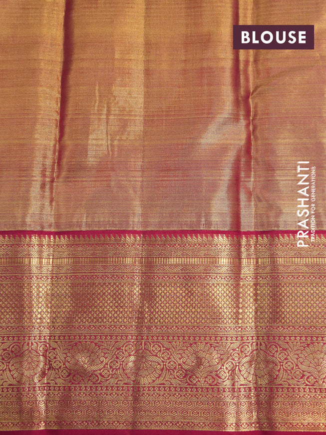 Kanchipuram tissue silk saree dual shade of gold and red with allover silver zari woven brocade weaves and zari woven border