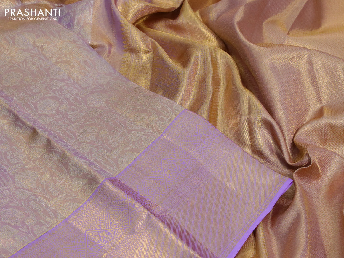 Kanchipuram tissue silk saree dual shade of lavender with allover silver zari woven brocade weaves and zari woven border