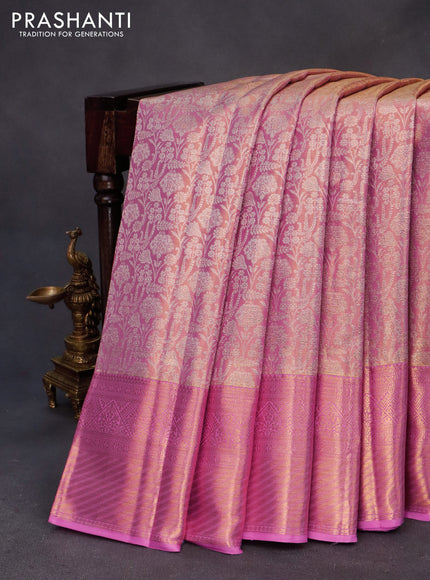 Kanchipuram tissue silk saree dual shade of light pink with allover silver zari woven brocade weaves and zari woven border