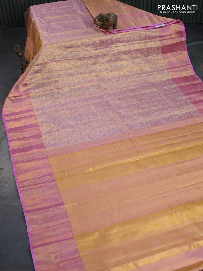 Kanchipuram tissue silk saree dual shade of light pink with allover silver zari woven brocade weaves and zari woven border