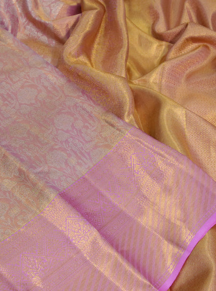 Kanchipuram tissue silk saree dual shade of light pink with allover silver zari woven brocade weaves and zari woven border