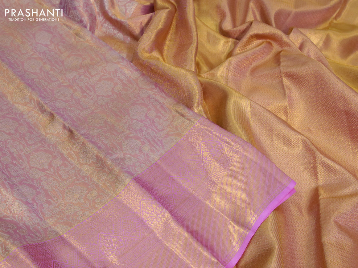 Kanchipuram tissue silk saree dual shade of light pink with allover silver zari woven brocade weaves and zari woven border