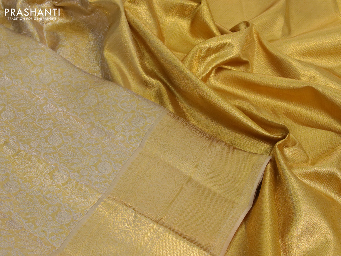 Kanchipuram tissue silk saree dual shade of gold with allover silver zari woven brocade weaves and zari woven border