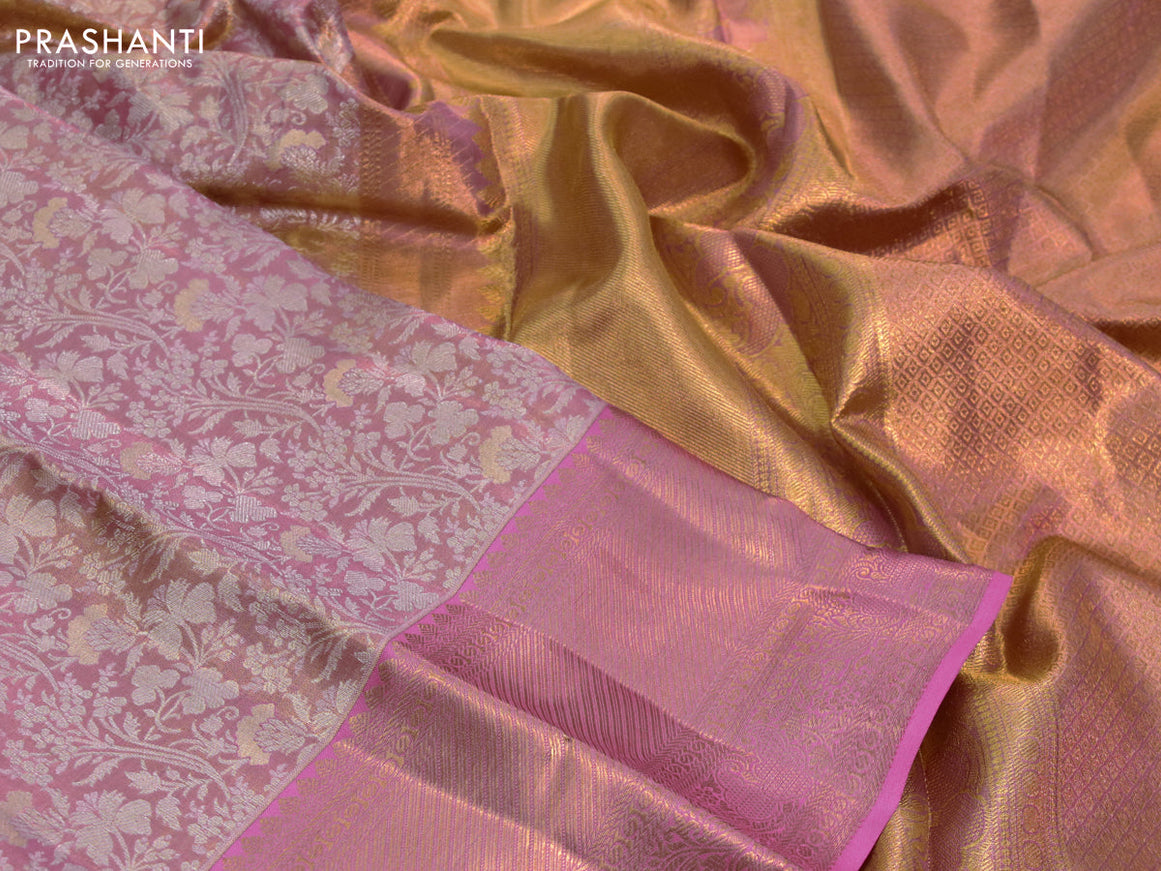 Kanchipuram tissue silk saree dual shade of peach and pink with allover zari woven floral brocade weaves and long zari woven border