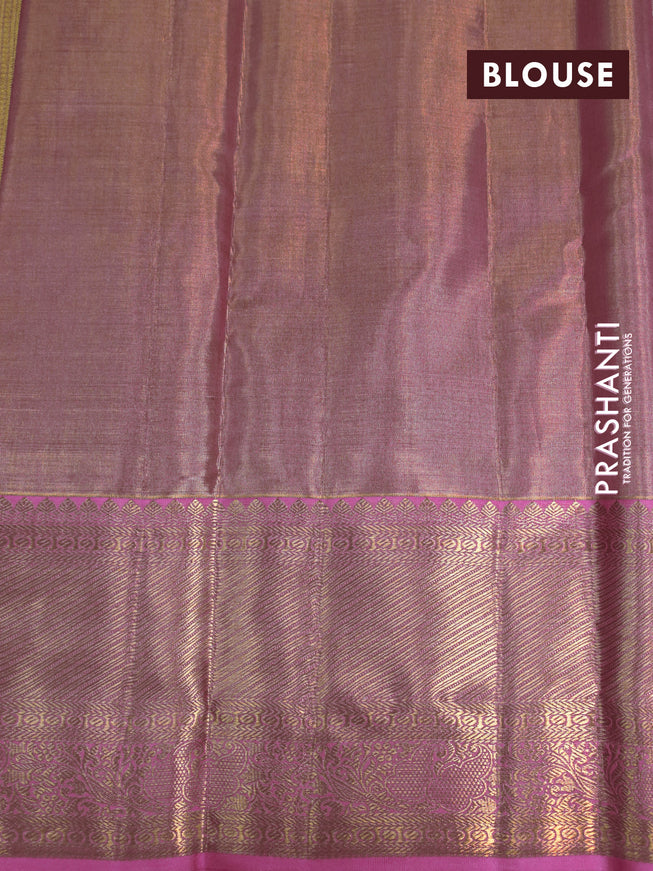 Kanchipuram tissue silk saree dual shade of peach and pink with allover zari woven floral brocade weaves and long zari woven border