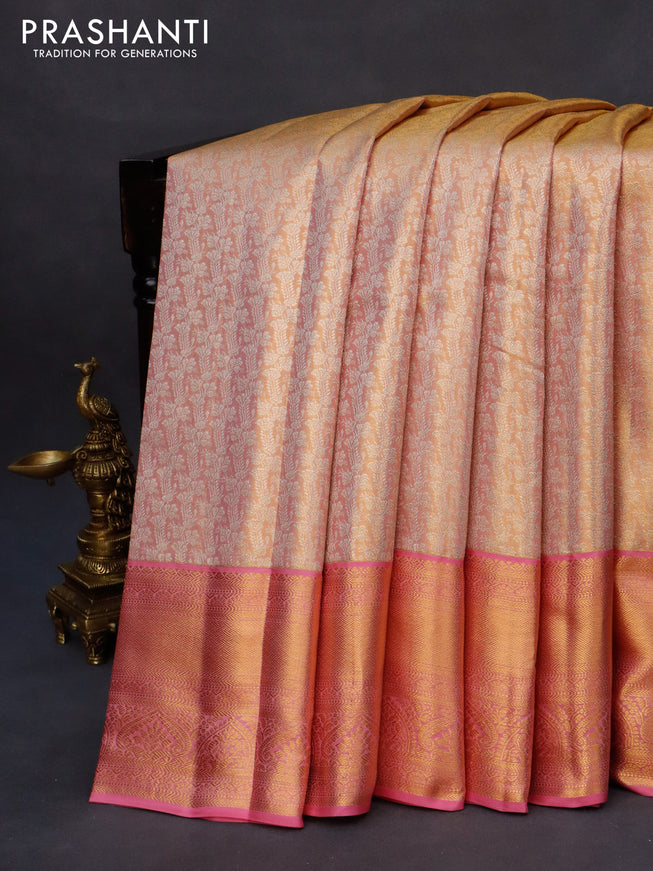 Kanchipuram tissue silk saree dual shade of gold and pink with allover silver zari woven brocade weaves and zari woven border