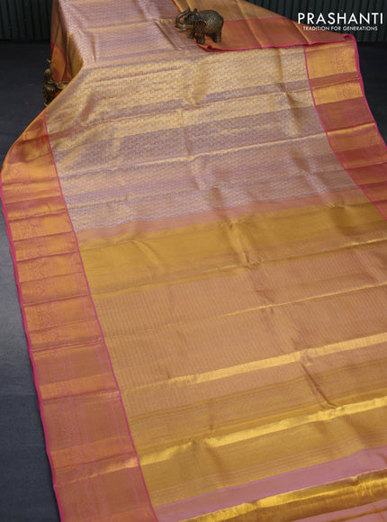 Kanchipuram tissue silk saree dual shade of gold and pink with allover silver zari woven brocade weaves and zari woven border