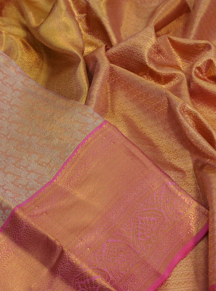 Kanchipuram tissue silk saree dual shade of gold and pink with allover silver zari woven brocade weaves and zari woven border