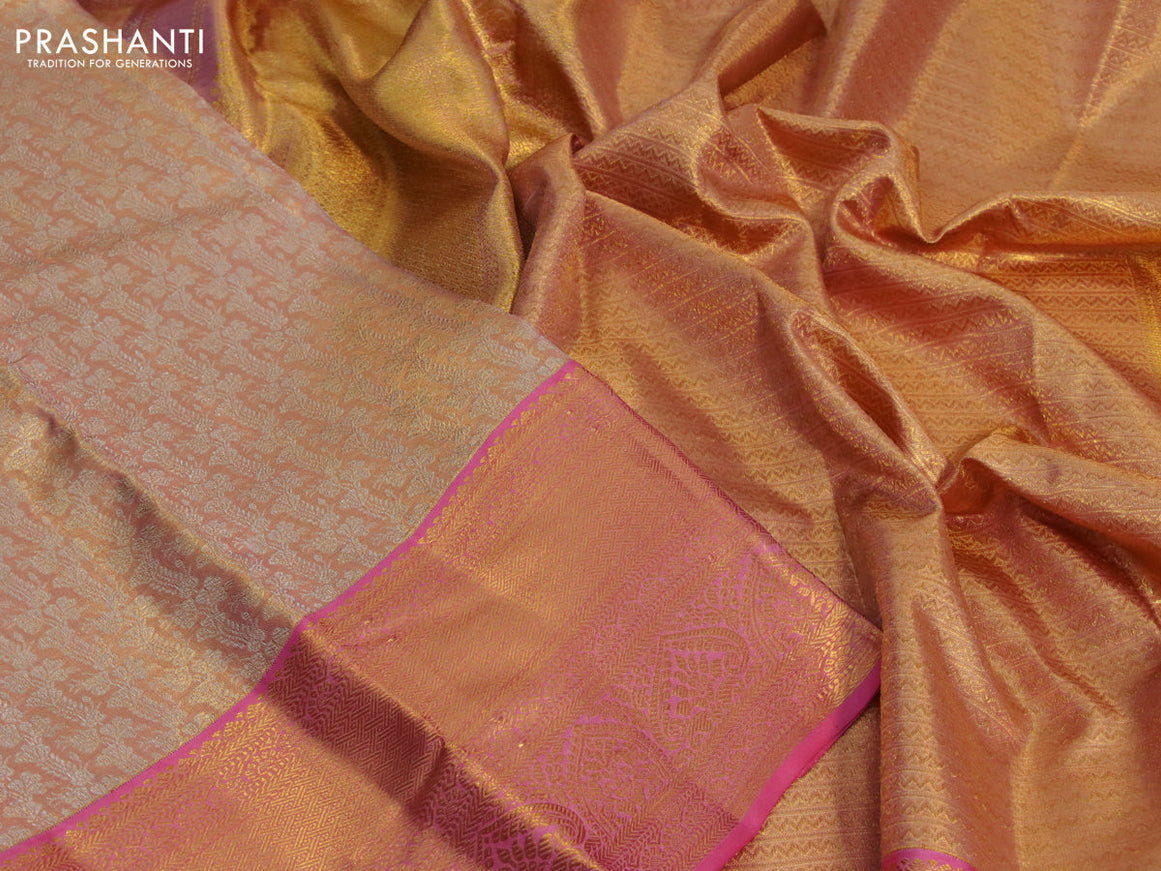 Kanchipuram tissue silk saree dual shade of gold and pink with allover silver zari woven brocade weaves and zari woven border