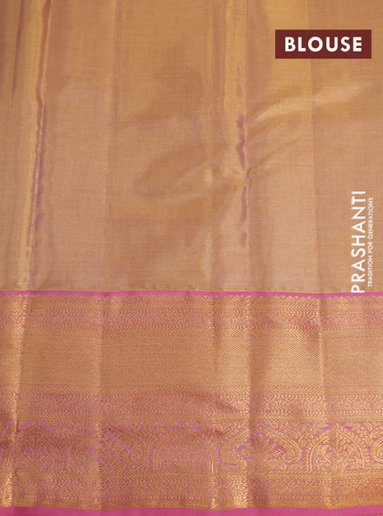 Kanchipuram tissue silk saree dual shade of gold and pink with allover silver zari woven brocade weaves and zari woven border