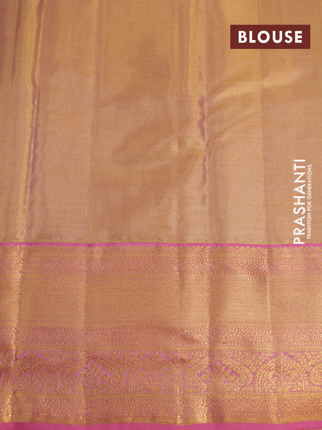 Kanchipuram tissue silk saree dual shade of gold and pink with allover silver zari woven brocade weaves and zari woven border