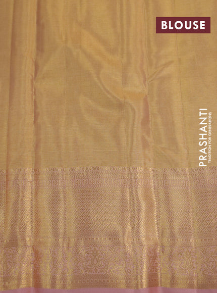 Kanchipuram tissue silk saree gold and pastel peach with allover silver zari woven brocade weaves and long zari woven border