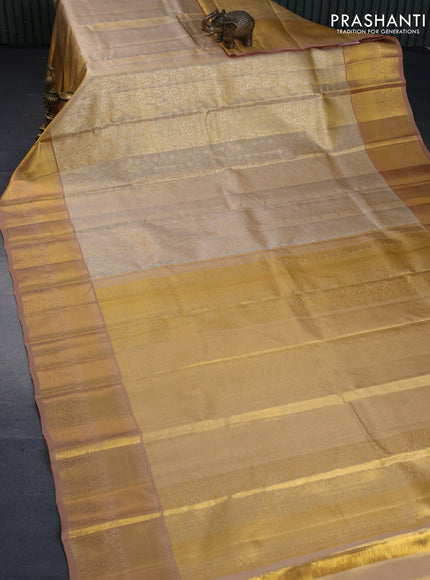 Kanchipuram tissue silk saree gold and dark sandal with allover silver zari woven brocade weaves and zari woven border