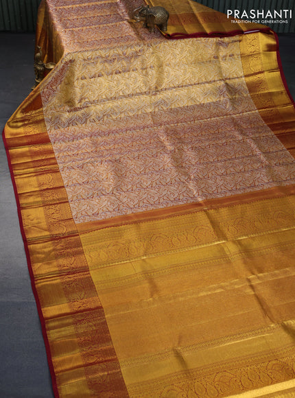 Kanchipuram tissue silk saree gold and maroon with allover silver zari woven brocade weaves and zari woven border