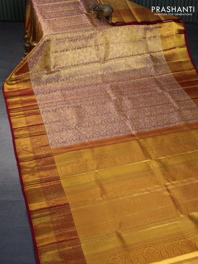 Kanchipuram tissue silk saree gold and maroon with allover silver zari woven brocade weaves and zari woven border