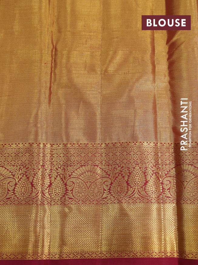 Kanchipuram tissue silk saree gold and maroon with allover silver zari woven brocade weaves and zari woven border