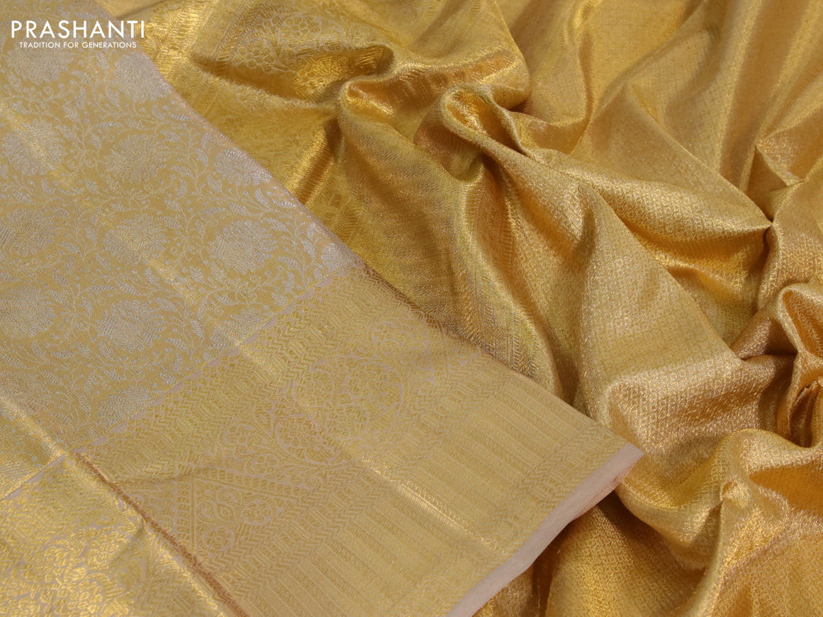 Kanchipuram tissue silk saree gold and beige with allover zari woven floral brocade weaves and zari woven border