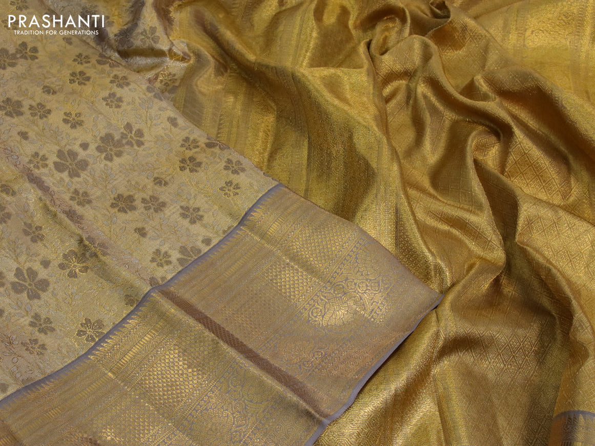 Kanchipuram tissue silk saree gold and grey with allover silver zari woven brocade weaves and zari woven border