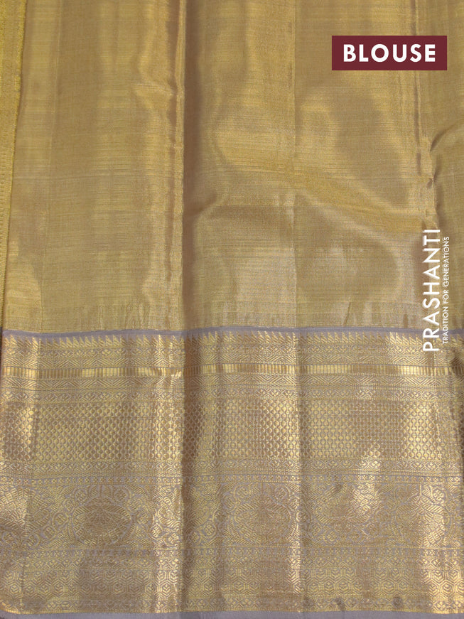 Kanchipuram tissue silk saree gold and grey with allover silver zari woven brocade weaves and zari woven border