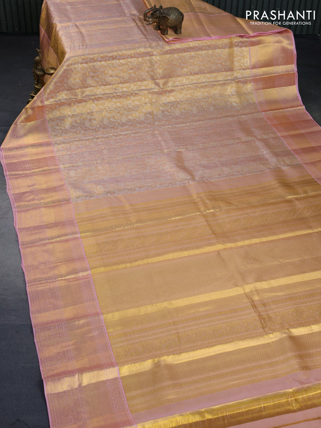 Kanchipuram tissue silk saree dual shade of gold and light pink with allover silver zari woven brocade weaves and zari woven border