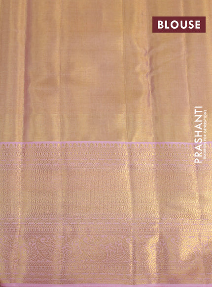 Kanchipuram tissue silk saree dual shade of gold and light pink with allover silver zari woven brocade weaves and zari woven border