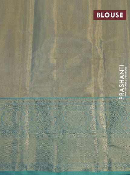 Kanchipuram tissue silk saree dual shade of teal blue with allover silver zari woven brocade weaves and zari woven border