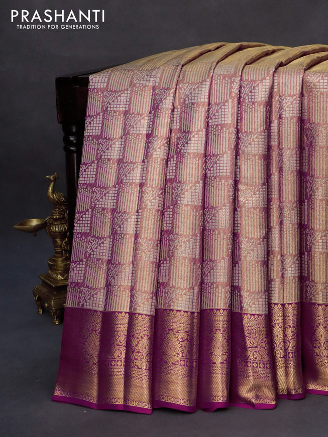 Kanchipuram tissue silk saree dual shade of pink and magenta pink with allover zari woven geometric brocade weaves and zari woven border