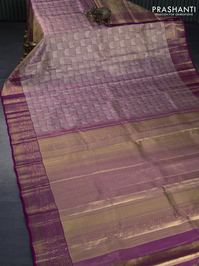 Kanchipuram tissue silk saree dual shade of pink and magenta pink with allover zari woven geometric brocade weaves and zari woven border