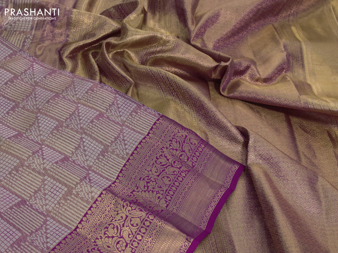 Kanchipuram tissue silk saree dual shade of pink and magenta pink with allover zari woven geometric brocade weaves and zari woven border