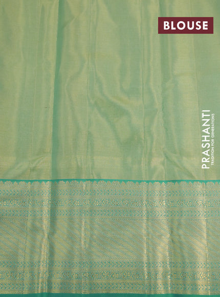 Kanchipuram tissue silk saree dual shade of teal blue with allover silver zari woven brocade weaves and zari woven border