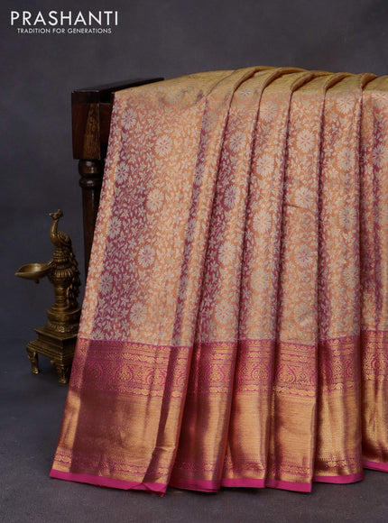 Kanchipuram tissue silk saree dual shade of gold and pink with allover silver zari woven brocade weaves and zari woven border