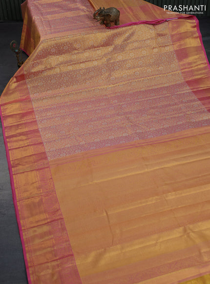 Kanchipuram tissue silk saree dual shade of gold and pink with allover silver zari woven brocade weaves and zari woven border