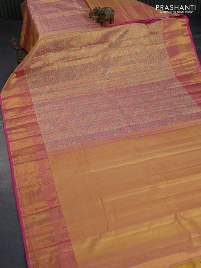 Kanchipuram tissue silk saree dual shade of gold and pink with allover silver zari woven brocade weaves and zari woven border