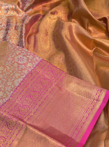 Kanchipuram tissue silk saree dual shade of gold and pink with allover silver zari woven brocade weaves and zari woven border