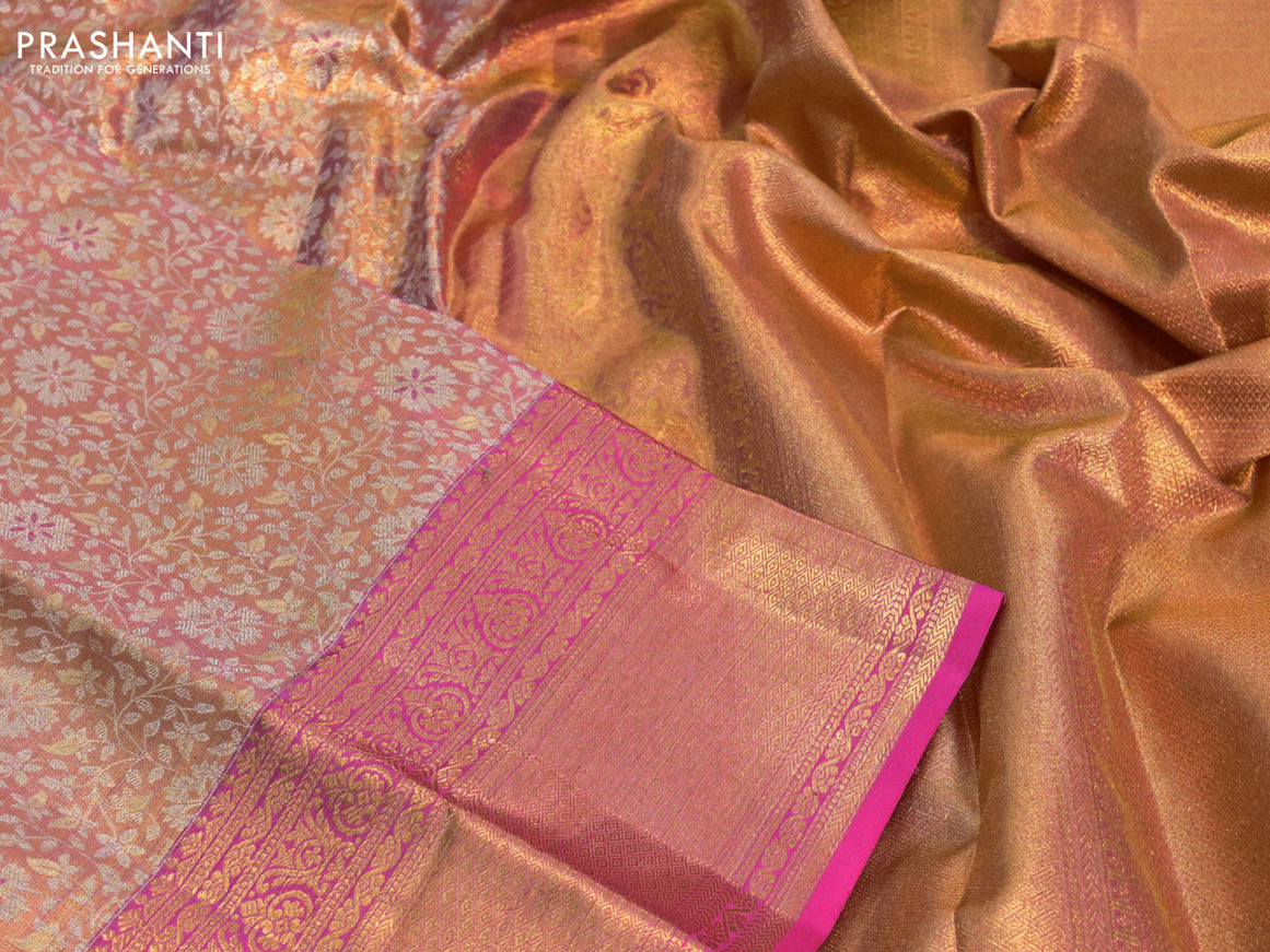 Kanchipuram tissue silk saree dual shade of gold and pink with allover silver zari woven brocade weaves and zari woven border