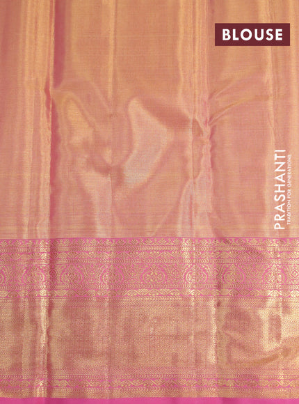 Kanchipuram tissue silk saree dual shade of gold and pink with allover silver zari woven brocade weaves and zari woven border