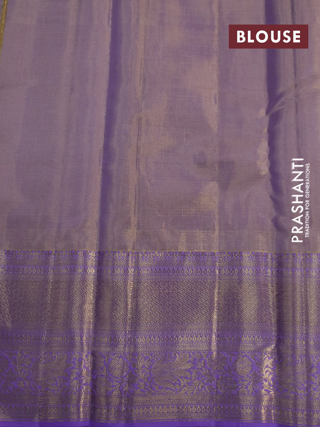 Kanchipuram tissue silk saree dual shade of mild lavender with allover silver zari woven brocade weaves and long zari woven border