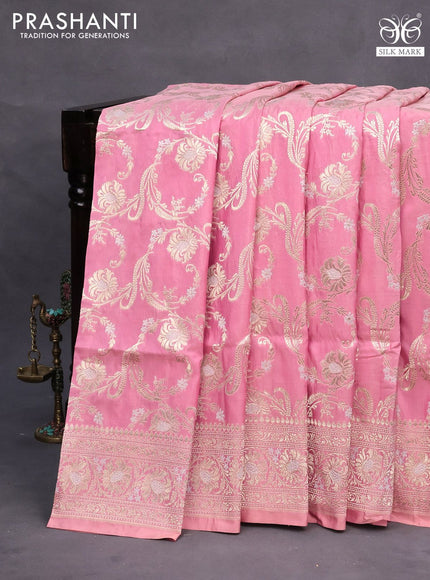 Pure banarasi uppada silk saree peach pink with allover zari woven brocade weaves and zari woven border