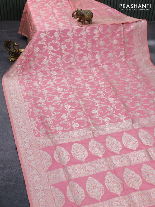 Pure banarasi uppada silk saree peach pink with allover zari woven brocade weaves and zari woven border