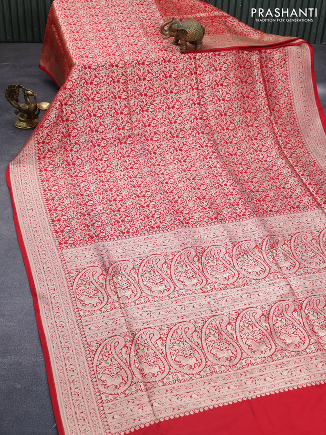 Pure banarasi uppada silk saree red with allover zari woven brocade weaves and zari woven border