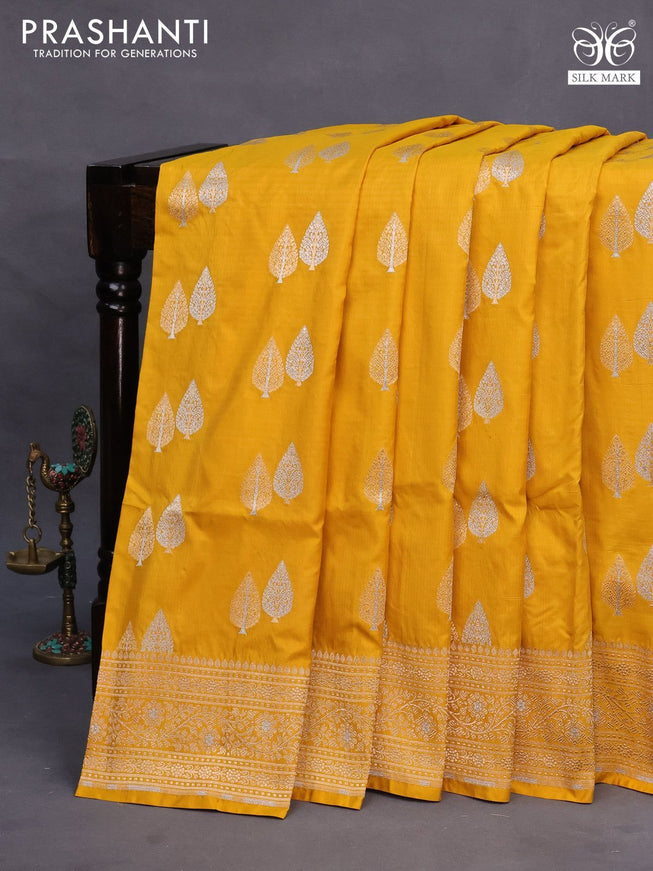 Pure banarasi uppada silk saree mustard yellow with zari woven buttas and zari woven border