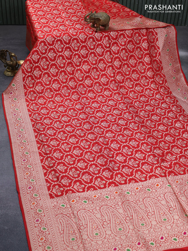 Pure banarasi uppada silk saree red with allover zari woven brocade weaves and zari woven border