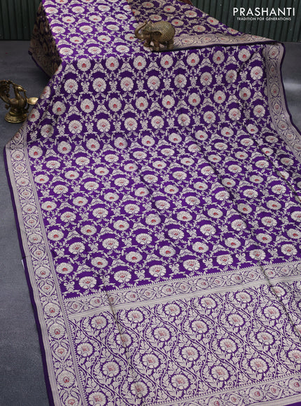 Pure banarasi uppada silk saree deep violet with allover zari woven brocade weaves and zari woven border