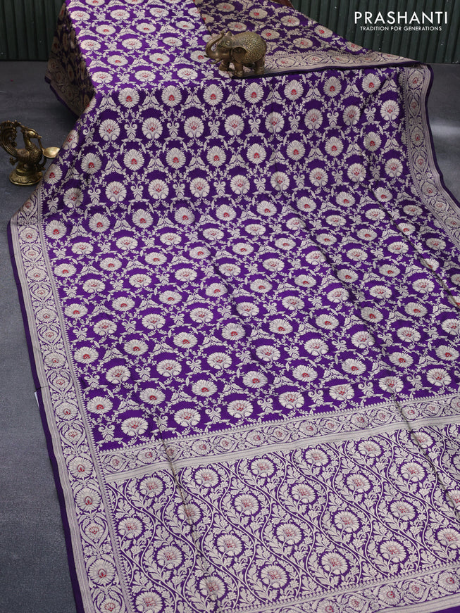 Pure banarasi uppada silk saree deep violet with allover zari woven brocade weaves and zari woven border