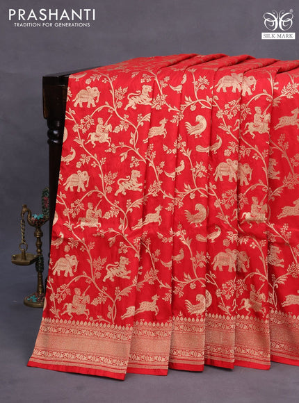 Pure banarasi uppada silk saree red with allover zari woven brocade weaves and zari woven border