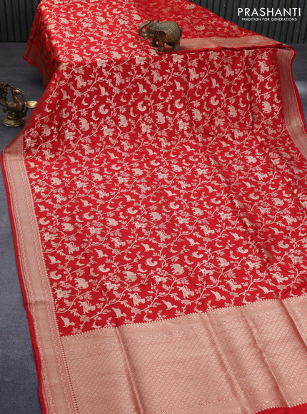 Pure banarasi uppada silk saree red with allover zari woven brocade weaves and zari woven border