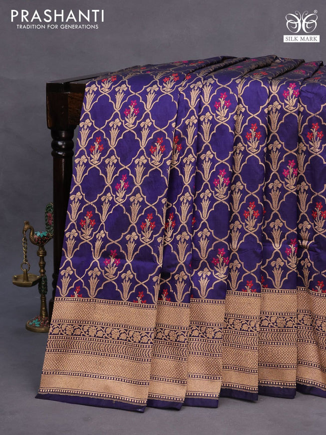 Pure banarasi uppada silk saree blue with allover zari woven brocade weaves and zari woven border